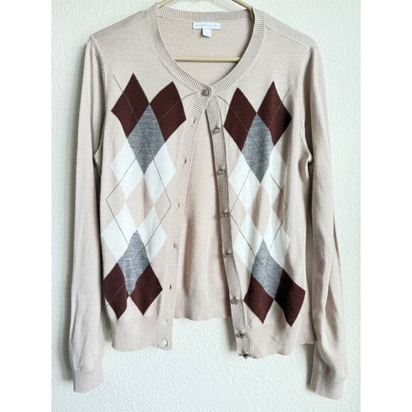 Academia Y2K Preppy‎ Argyle Cardigan Button Sweater Size L Womens Tan Brown NY&C - Picture 1 of 7